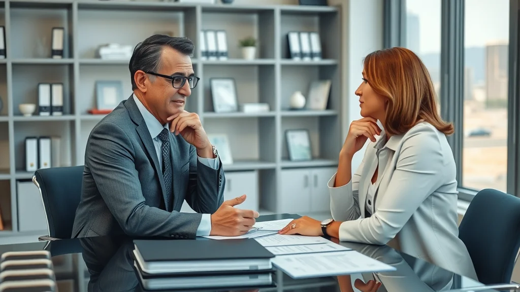 Professional divorce attorney Henderson Nevada consulting client in modern law office, Las Vegas cityscape view, legal documents and binders on desk