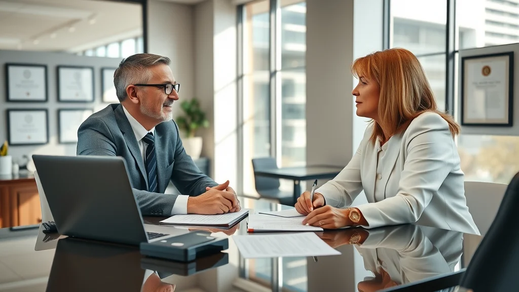 Confident mature couple meeting with a property division family law Henderson attorney in an upscale office