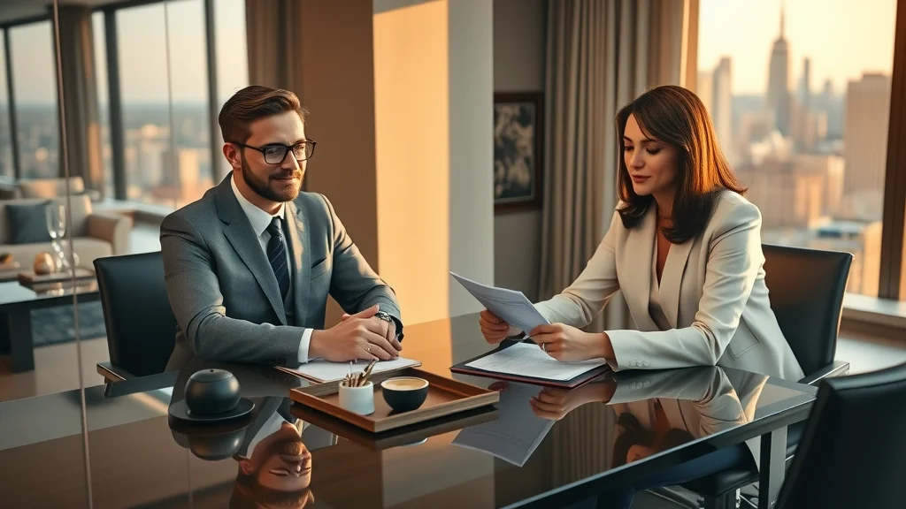 Elegant couple meeting divorce attorney Henderson NV to review asset documentation for high net worth divorce.