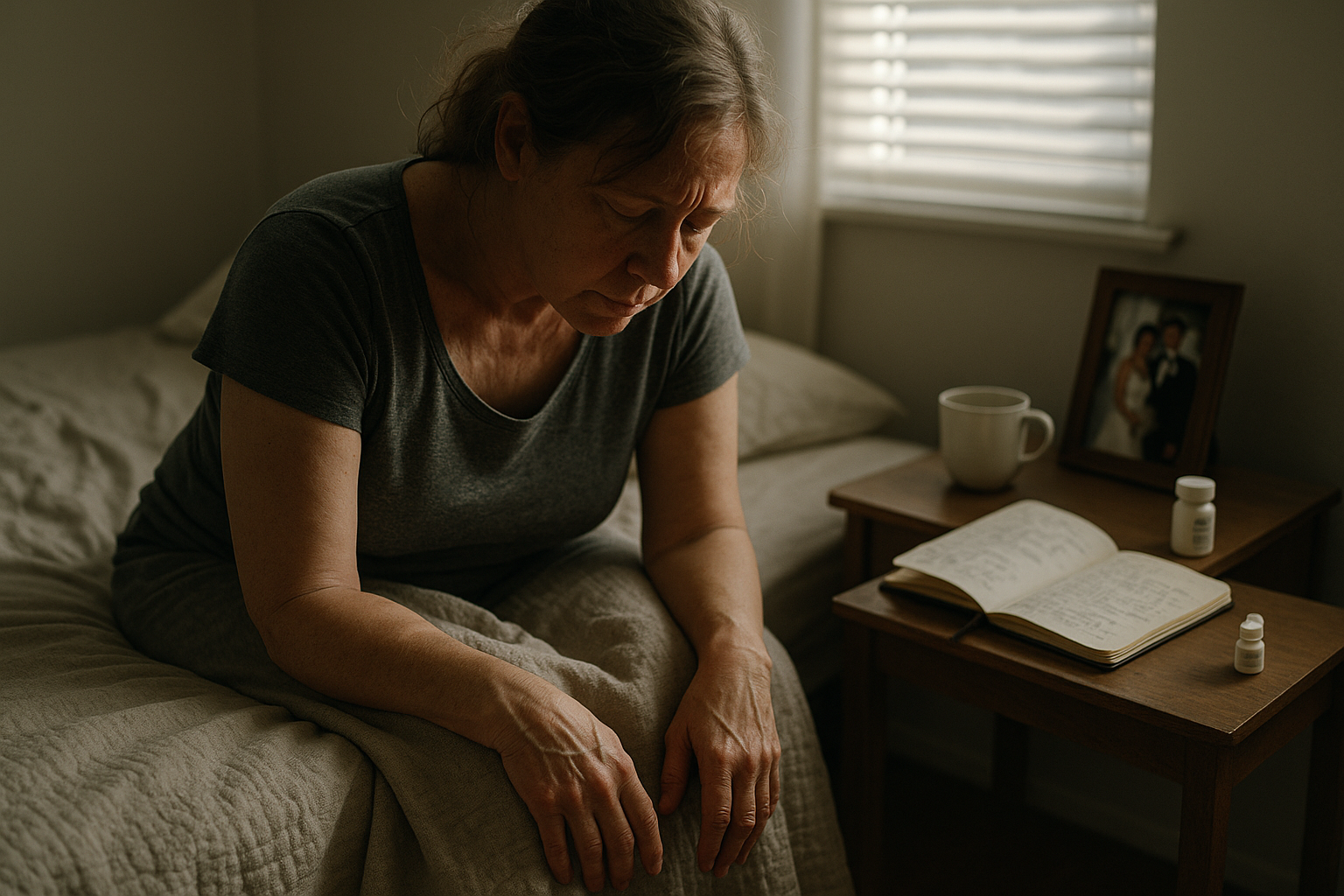 A middle-aged woman sits alone on a rumpled bed in a softly lit bedroom, hands gripping the sheets. Nearby are a journal, tea, and medication. A turned wedding photo in the background hints at divorce, capturing both emotional isolation and resilience.