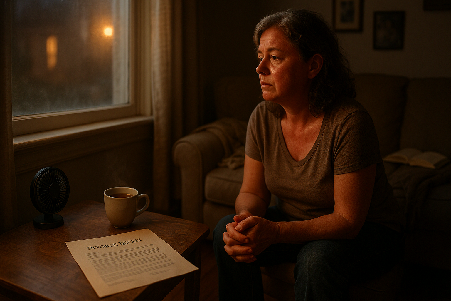 SP_divorce advice for women in menopause_Image Woman in her late 40s sits pensively in a dim living room, divorce papers and herbal tea on a table nearby, showing emotional and physical changes during menopause and divorce. Signs of hot flashes, muted family photos, and warm lighting evoke resilience and transition.