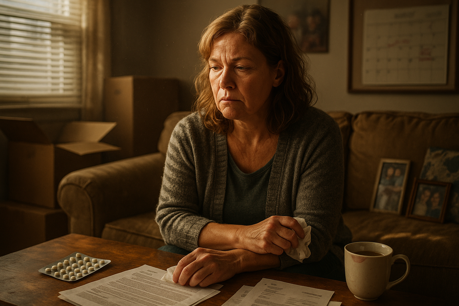 SP_health challenges of divorce after 50 and menopause_Image Middle-aged woman sits alone in a cluttered living room, surrounded by moving boxes, legal papers, and hormone medication, reflecting the emotional and health challenges of menopause and later-life divorce. Sunlit stripes and faded family photos add to the atmosphere of resilience and melancholy.