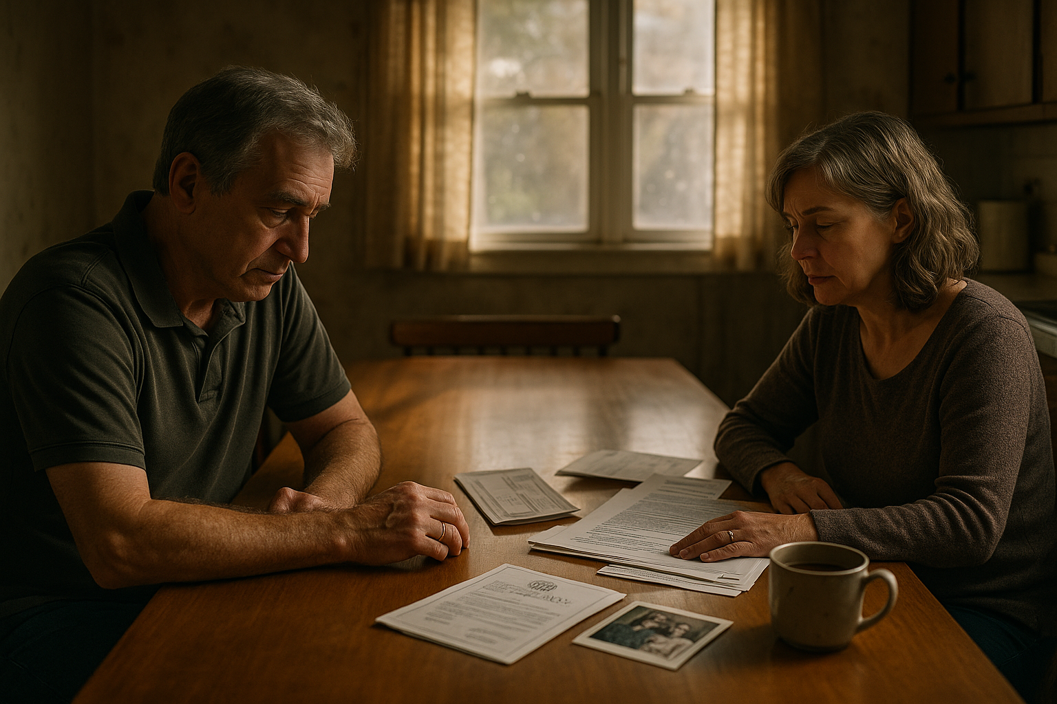 SP_how to get over a divorce after a long marriage_Image Late-middle-aged couple sits far apart at a long dining table, shadows and sunlight highlighting their thoughtful, weary expressions. The man fidgets with his wedding ring, while the woman studies legal documents and a family photo, symbolizing emotional distance and the challenges of late divorce.