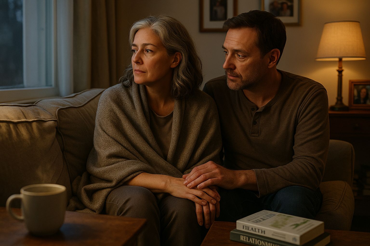 TL_menodivorce_Image 1 Middle-aged couple sitting on a sofa in soft evening light. The woman, with silver hair, looks pensively out the window, wrapped in a blanket. Her partner gently rests a comforting hand near hers, conveying empathy. Books and personal photos hint at shared history and support.