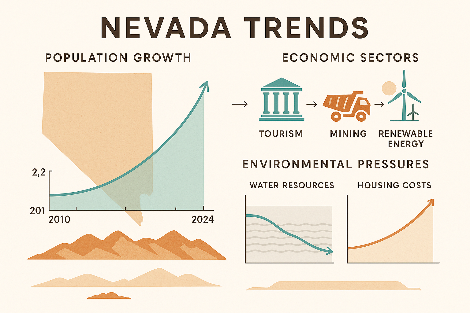 TL_menodivorce_Image 2 Contemporary Nevada infographic showing 2010–2024 trends: population growth curve, industry icons for tourism, mining, renewable energy, line graphs of water depletion and housing costs, desert-tone color blocks, arrows linking data, and clear section headings for population, economy, and environment.
