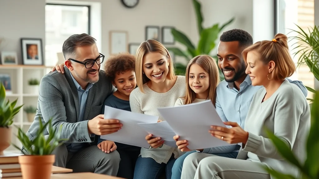 Diverse family discussing custody with Henderson attorney in modern office