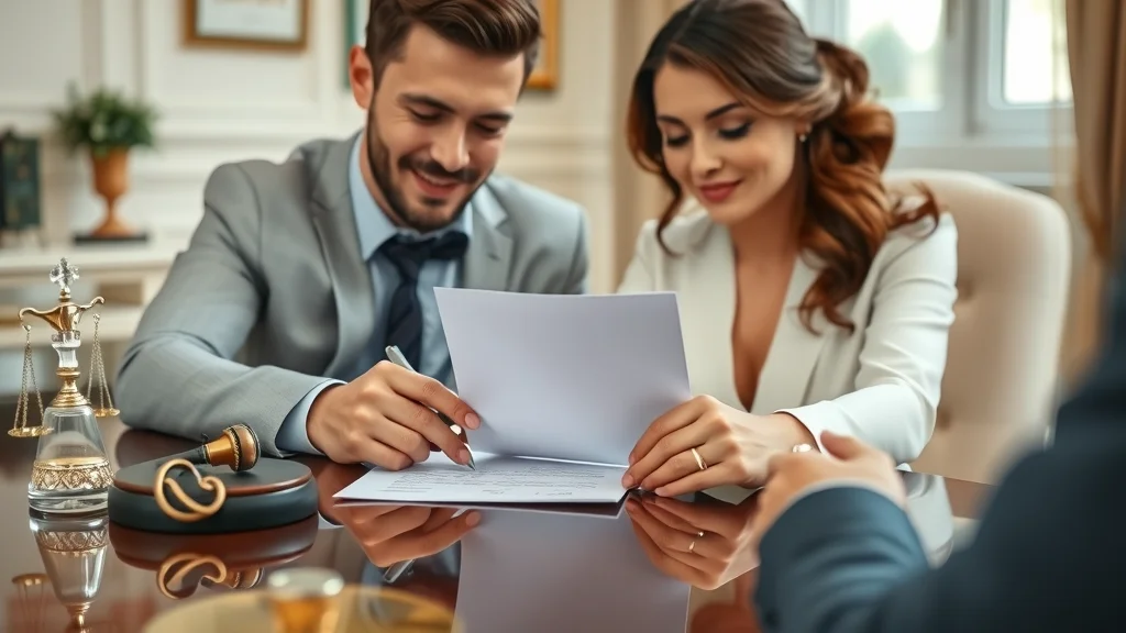 Couple and divorce lawyer Henderson Nevada signing prenuptial agreement in elegant law office