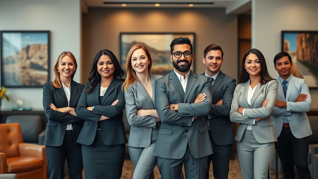 Confident diverse divorce attorneys in Henderson law firm lobby, united legal team, Nevada-inspired art