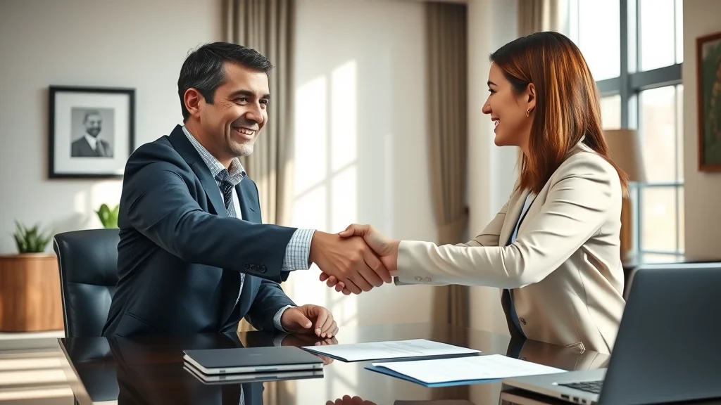 Henderson Family Law Firm attorney and client handshake in executive office after successful legal outcome