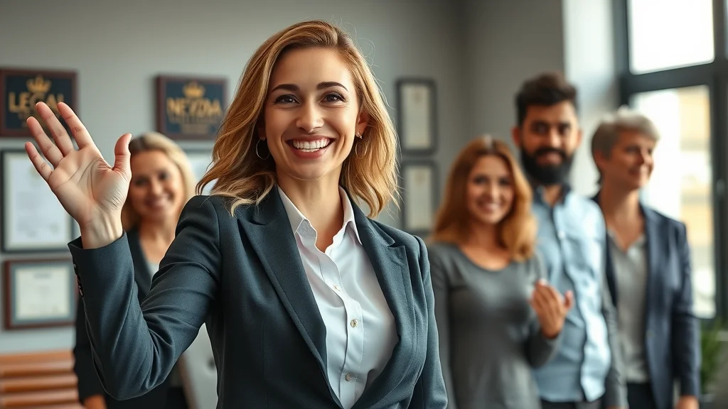 Confident female Nevada lawyer celebrating positive outcome with a diverse client family