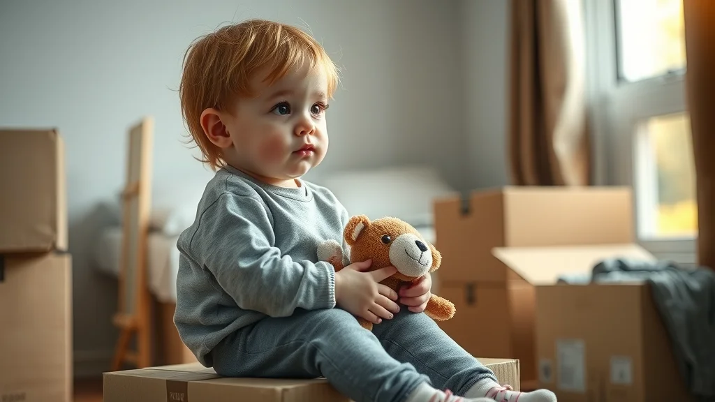 impact of relocation on child custody, reflective young child sitting on moving box with stuffed animal