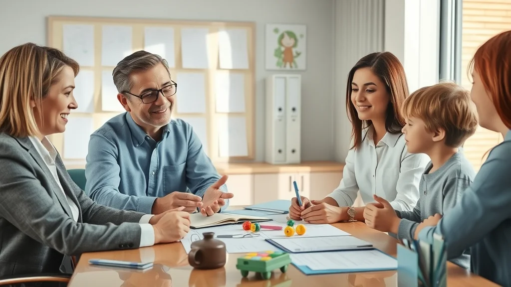 Respectful child custody negotiation with family law attorney Henderson Nevada, modern office, children's artwork and legal files visible