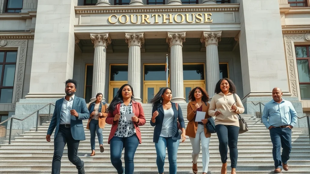 Courthouse exterior with diverse parents entering to enforce child support orders