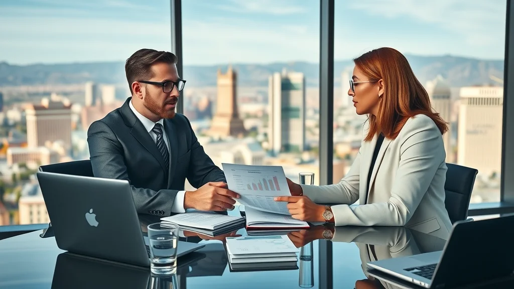 Two attorneys consulting a business client in a modern law office, confident and attentive, discussing legal documents. How to respond to divorce summons in high net worth cases. Refined textures, Las Vegas skyline in background, photorealistic.