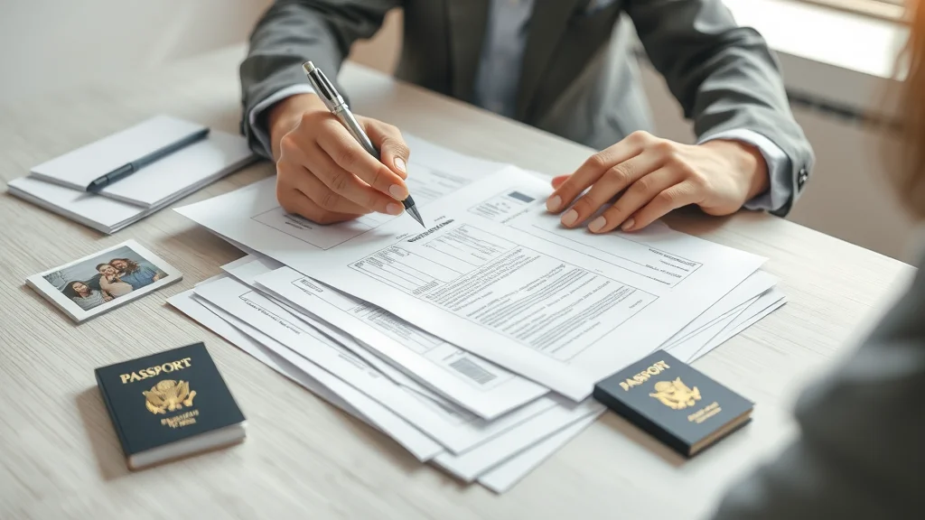 legal process for step parent adoption document preparation, hands organizing adoption paperwork, legal forms, passport, family photo, modern desk, high detail, macro lens, no disfigured features