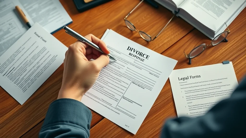 Overhead shot of hands filling out divorce response paperwork, calm and deliberate, on a polished desk with organized supporting documents. How to respond to divorce summons and file an answer. Photorealistic, warm neutrals and deep blue accents.