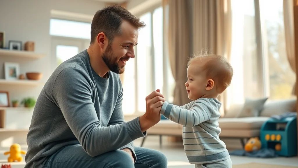 Empathetic father and young child sharing a moment in a modern living room, symbolizing the legal rights of fathers in custody