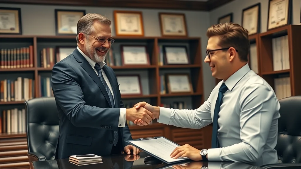 Confident father and attorney secure legal rights in custody case, celebrating with a handshake