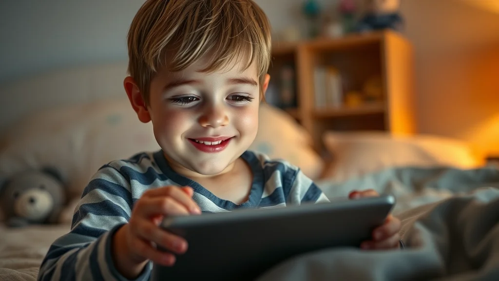 child on video call with parent in post-relocation custody agreement, cozy bedroom, digital device