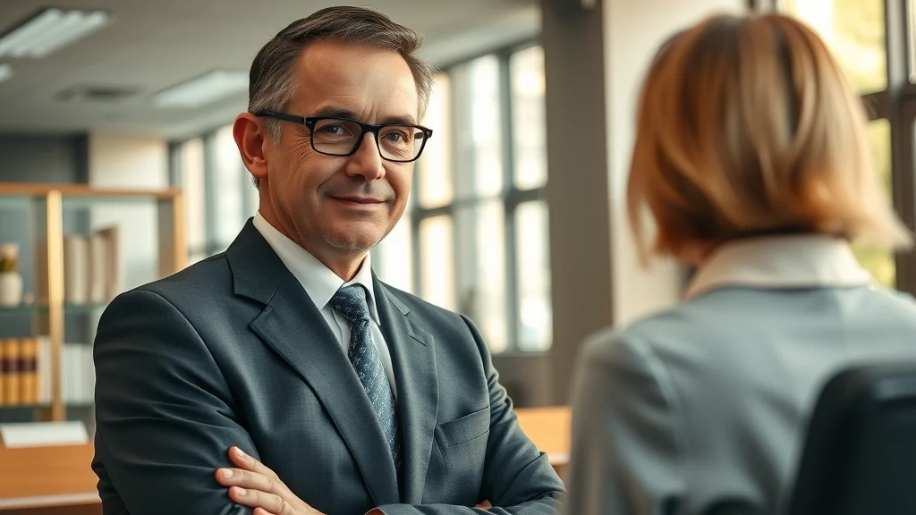 Professional family law attorney office Henderson Nevada—attorney and client in an upscale legal environment with legal books, warm sunlight, and confidential atmosphere