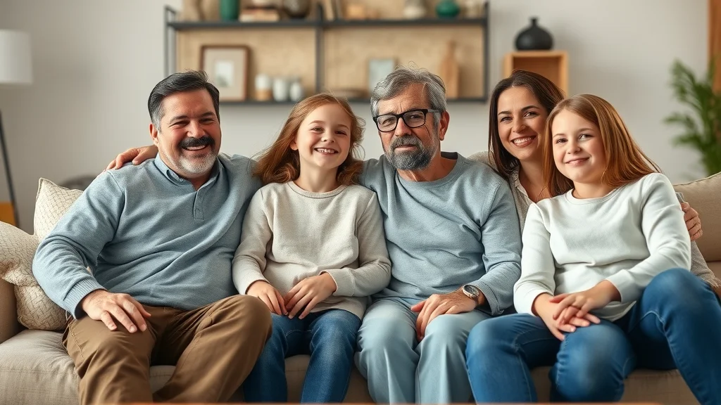 legal process for step parent adoption family portrait blended family smiles, natural bonding, stepchildren and parents, modern living room, high realism, 50mm lens, warm earthy tones, no disfigured features