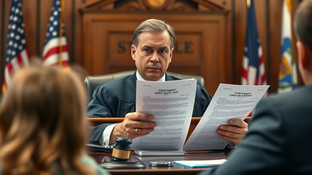 Judge in courtroom reviewing state-specific child support orders in Kansas, Mississippi, or Arkansas