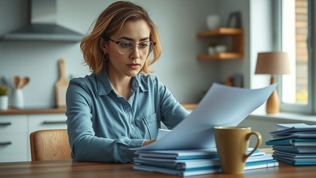 Somber professional woman reviewing legal documents at a kitchen table, thoughtful and focused, surrounded by paperwork. How to respond to divorce summons. Photorealistic with bright files and a mug of tea, set in a modern home with soft lighting.