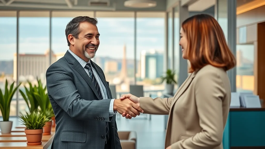 Friendly family lawyer and clients at a Las Vegas consultation