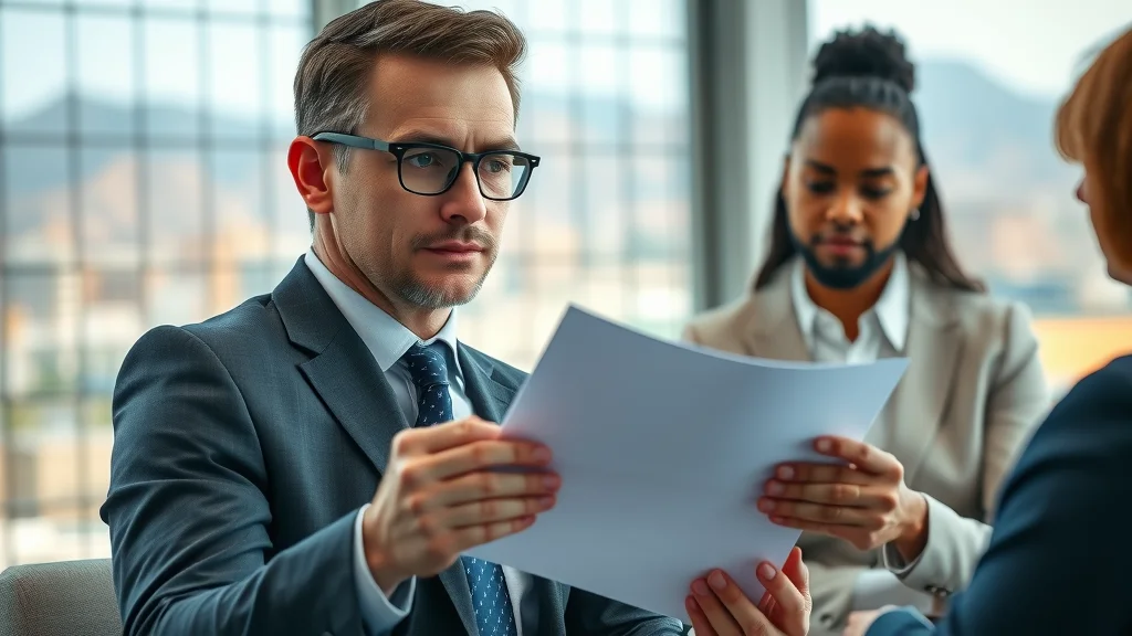 Confident family law attorney Henderson Nevada reviewing legal documents with clients in a modern office with Las Vegas cityscape