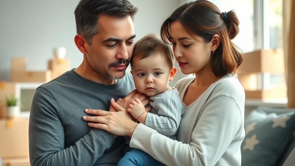 impact of relocation on child custody, thoughtful parents and child at home with moving boxes, natural sunlight, gentle embrace
