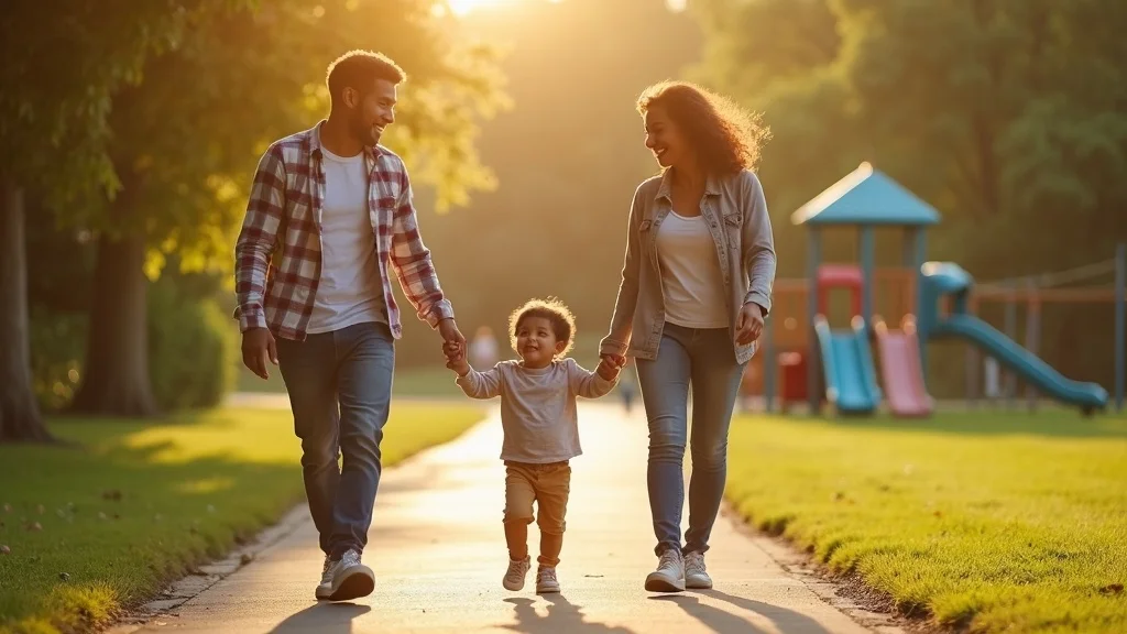 Co-parents exchanging child peacefully at park during parenting time