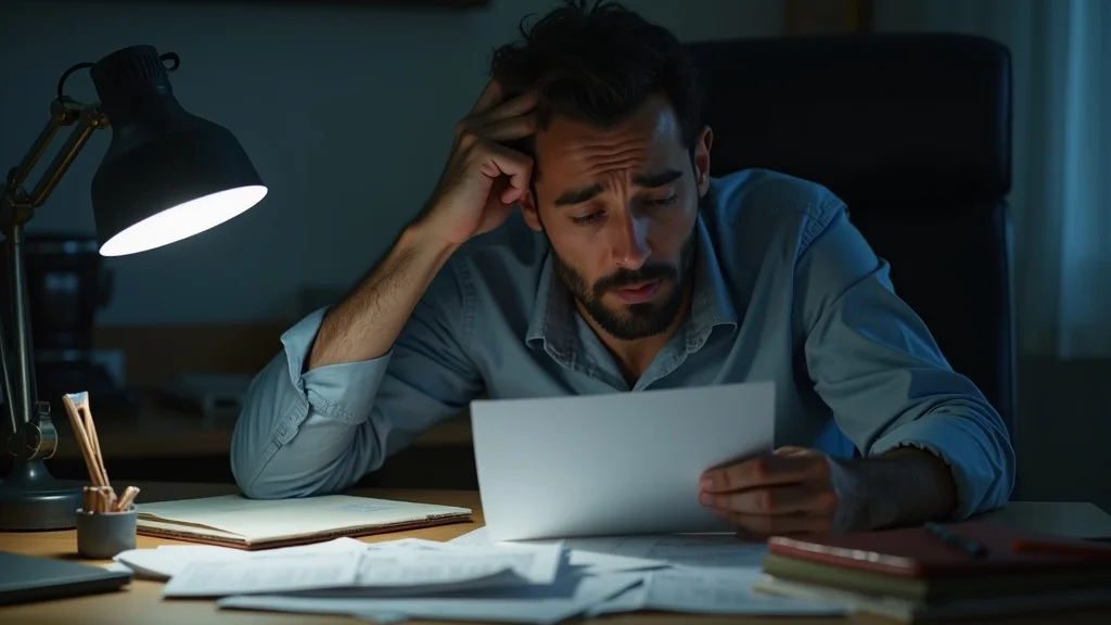 Worried individual holding past due child support payment notice in a modest home office, symbolizing legal and financial stress.