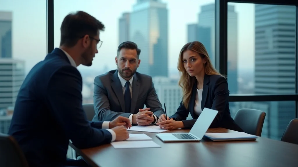 Dividing retirement assets divorce: High net worth couple meeting with divorce attorney to review retirement asset division in a Nevada law office with cityscape view