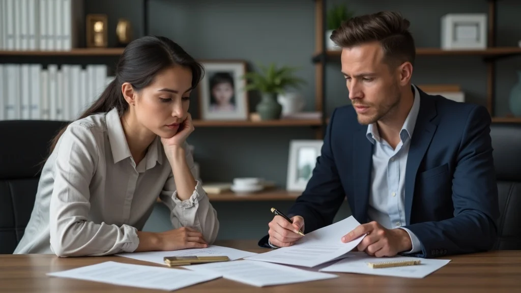 Concerned parent discussing child support enforcement with a legal professional in a modern office setting.
