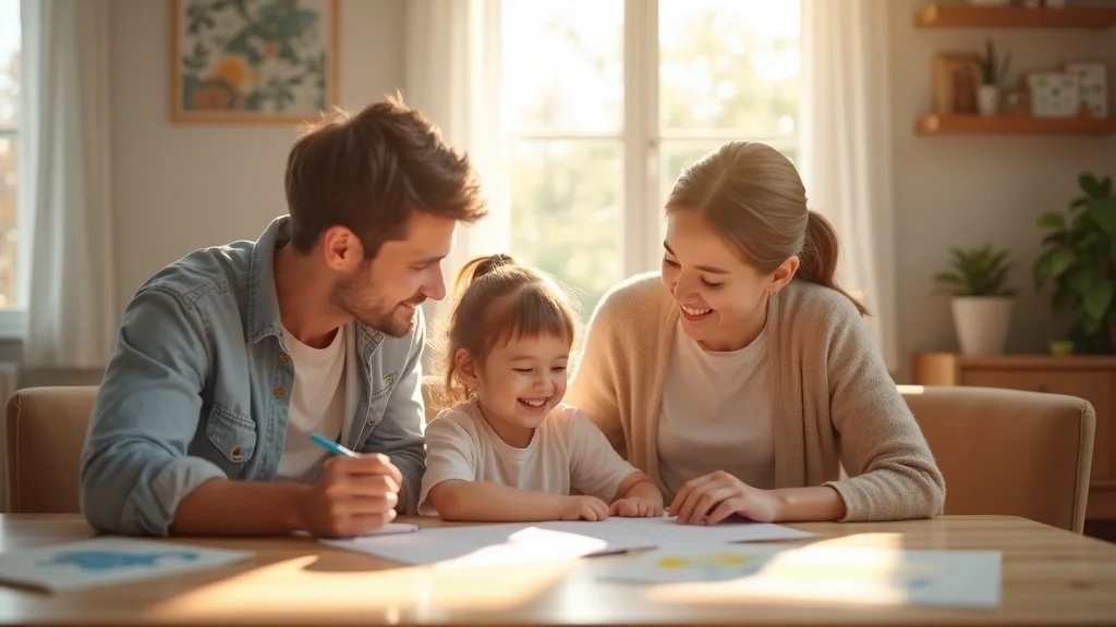 Compassionate family with two parents and a child at home reviewing child support enforcement documents in a cozy sunlit living room.