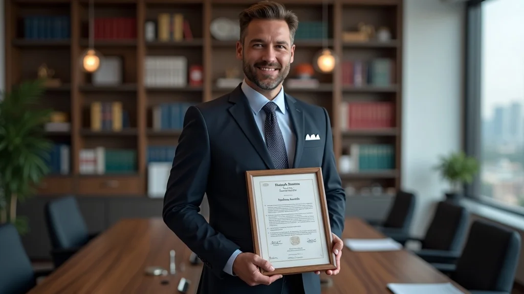 Professional family law attorney holding certification plaque in law office, proud, approachable – verify credentials for law attorney