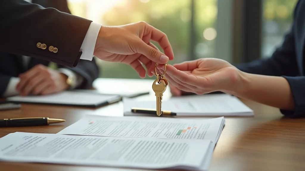Hand passing real estate deed and golden key in the context of trust asset protection for family law cases, legal documents and property models in background, crisp realism