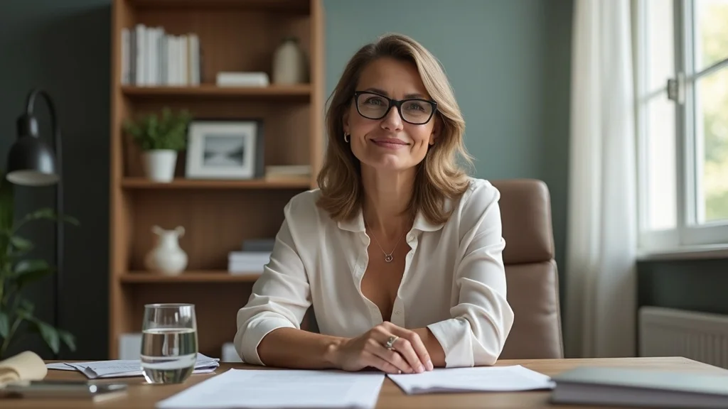 Empowered middle-aged woman reviewing legal paperwork, symbolizing menopause myths debunked for divorcees, in a modern law office