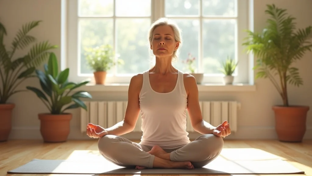 Active mature woman practicing meditation for hot flashes and night sweats relief during menopause as a divorcee