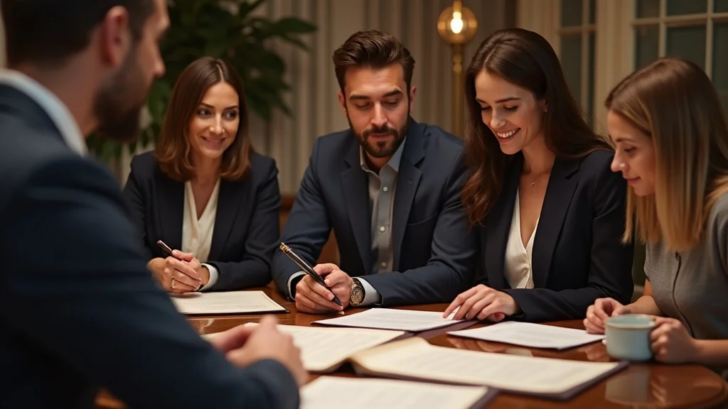 Luxury family trust planning setting: sophisticated family reviewing asset protection trusts, legal paperwork on table, elegant home office