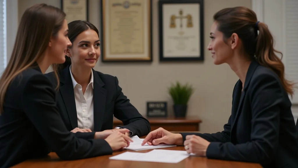 Prospective client meeting family law attorney for initial consultation, thoughtful expressions, exchanging paperwork – key questions for choosing family law attorney