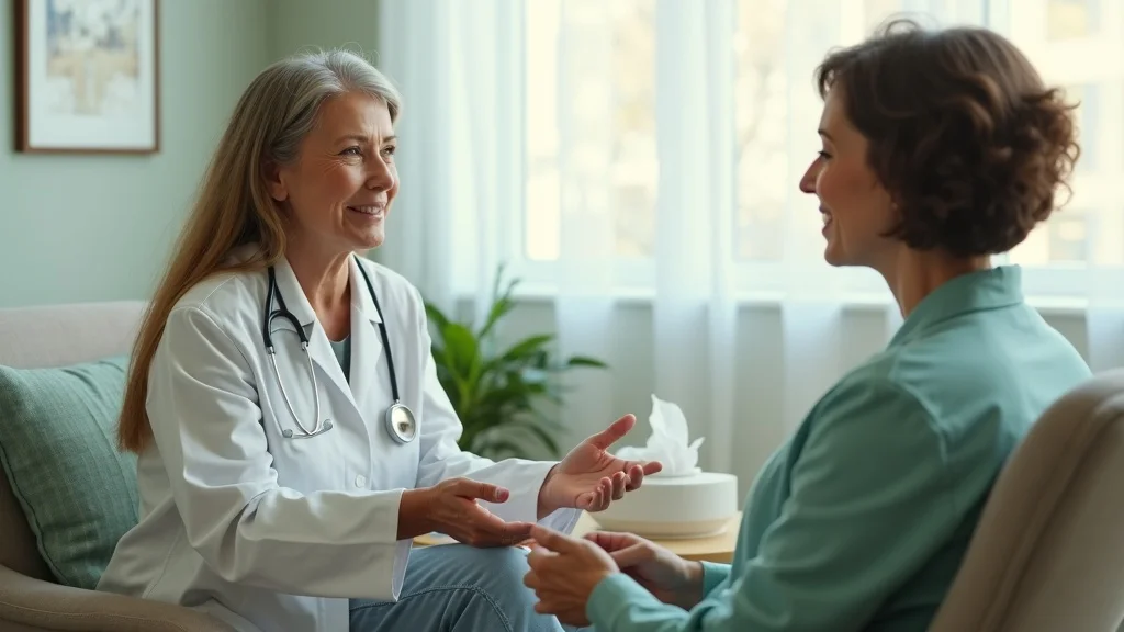 Compassionate professional discussing menopause and divorce support options in a calm office