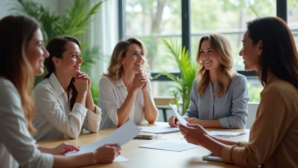 Diverse group of professional women exchanging supportive glances and documents while discussing menopause myths debunked for divorcees in a modern office