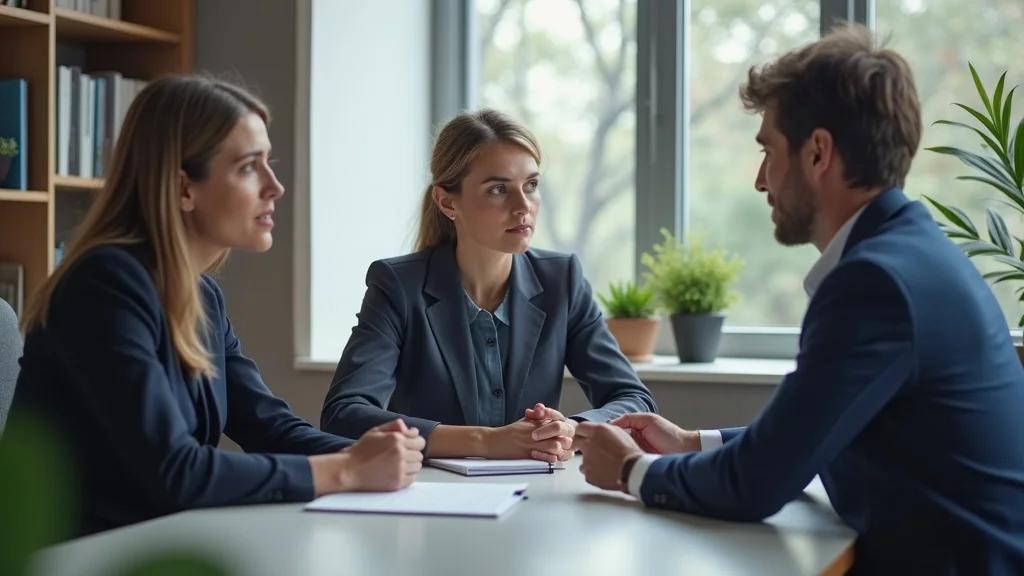 Professional family law mediation office with clients and mediator, family law mediation versus litigation