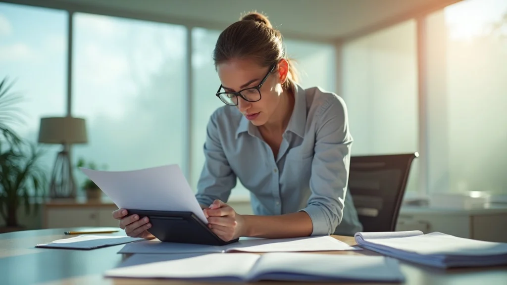 Attorney analyzing confidential financial documents, honest expression, reviewing paperwork and calculator – transparency with your family law attorney