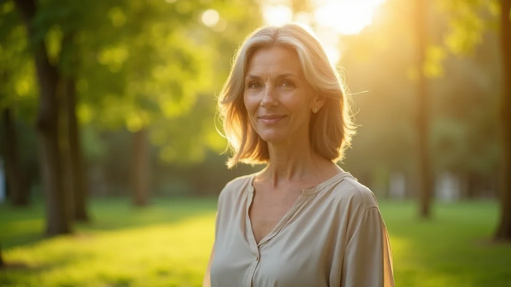 Empowered woman finding relief from menopause and divorce, standing confidently in a sunlit park