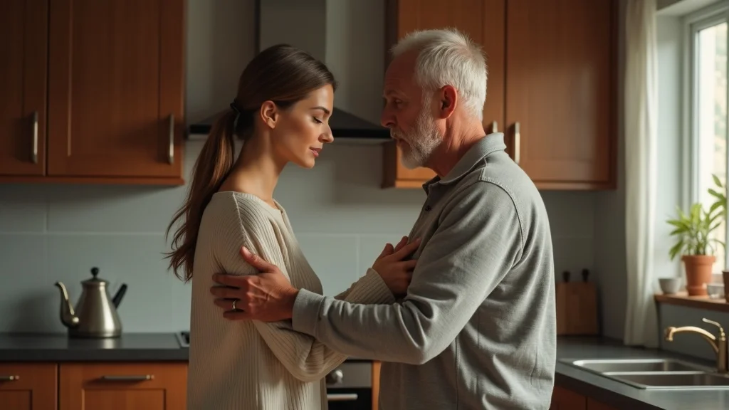 Middle-aged couple navigating marital challenges during menopause and divorce in a modern kitchen atmosphere