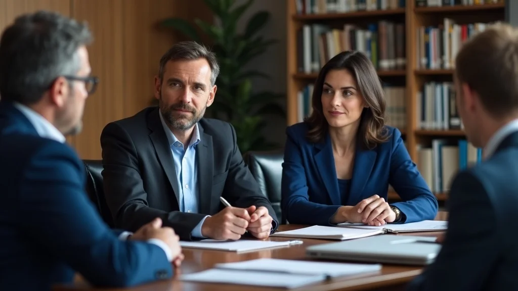 Professional, affluent couple meeting with their attorney discussing protecting assets in family law cases, seated at polished conference table with legal books and documents, high realism