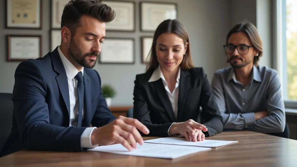 Professional family law attorney consulting with a couple, neutral expression, reviewing documents in a modern, bright law office – how to choose a family law attorney