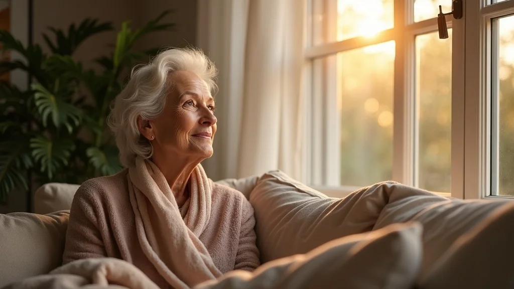 Resilient woman in midlife reflecting on menopause myths debunked for divorcees, showing confidence and hope in an elegant living room
